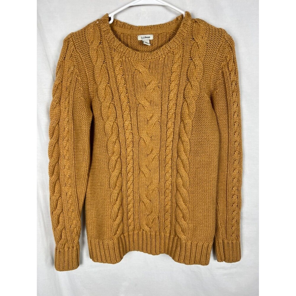 L.L. Bean Light Brown Yellow Women's Double L Cable Knit Fisherman Style Sweater - Picture 1 of 6